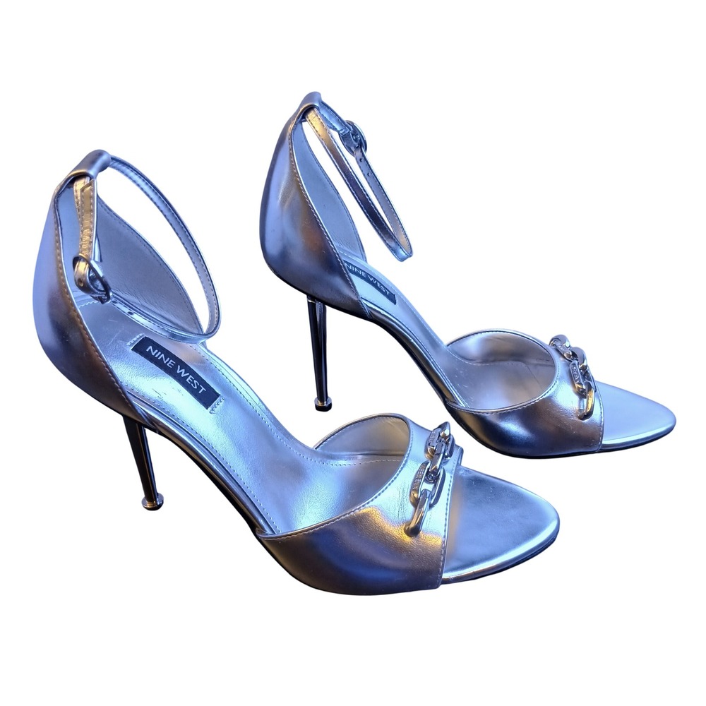 Nine West Rittz3 Silver Metallic Chain Stiletto Ankle Strap Sandals 9.5M